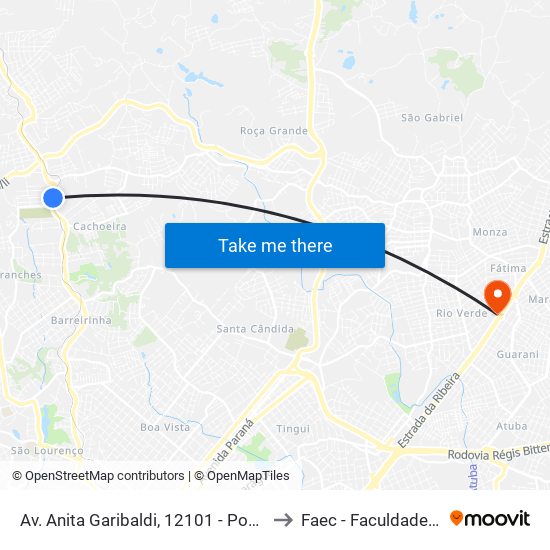 Av. Anita Garibaldi, 12101 - Ponto De Integração Temporal (Desembarque) to Faec - Faculdade Educacional De Colombo map