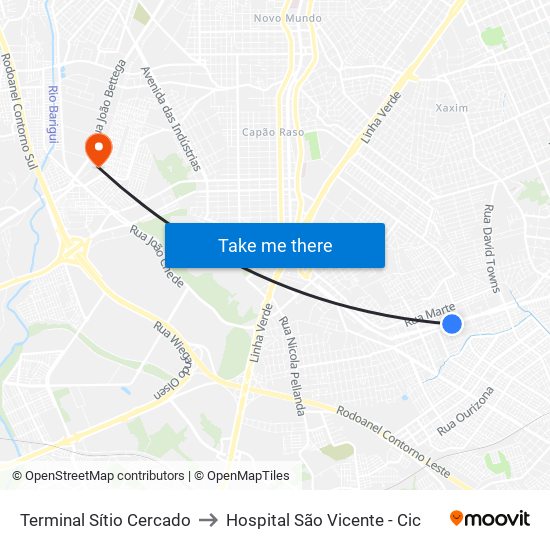 Terminal Sítio Cercado to Hospital São Vicente - Cic map