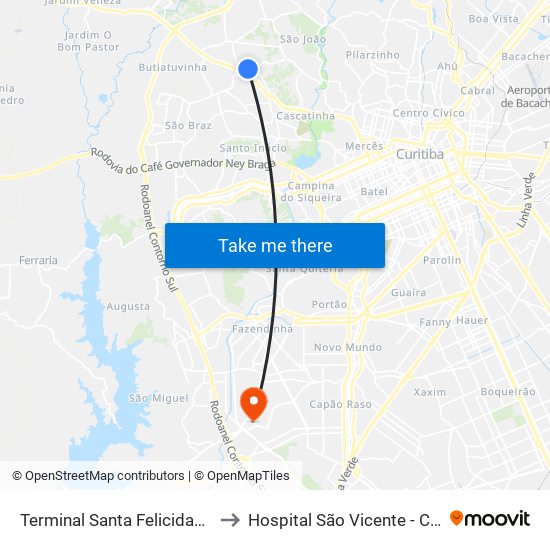 Terminal Santa Felicidade to Hospital São Vicente - Cic map