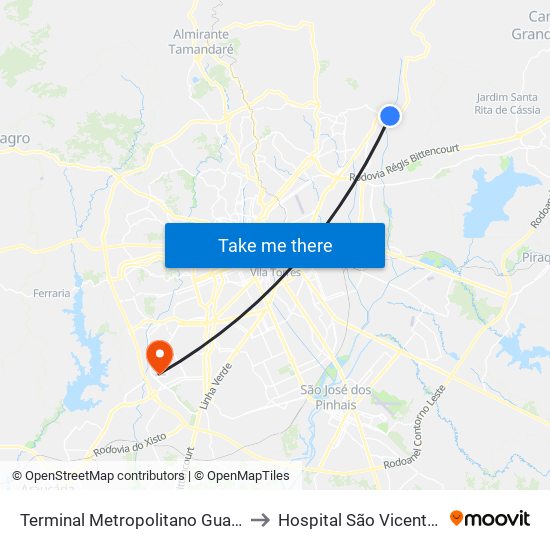 Terminal Metropolitano Guaraituba to Hospital São Vicente - Cic map