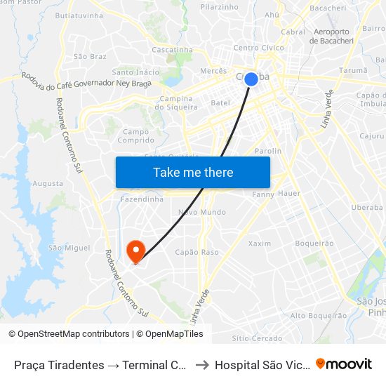 Praça Tiradentes (Nestor De Castro) to Hospital São Vicente - Cic map