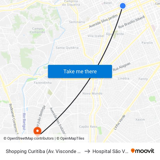 Shopping Curitiba (Av. Visconde De Guarapuava, 3850) to Hospital São Vicente - Cic map