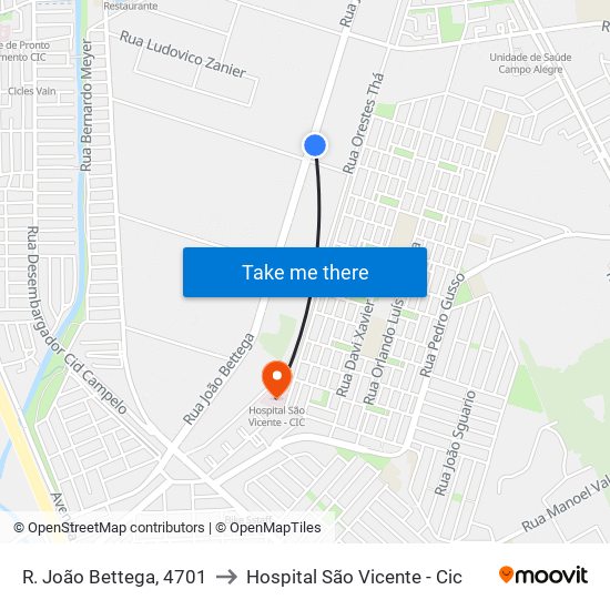 R. João Bettega, 4701 to Hospital São Vicente - Cic map