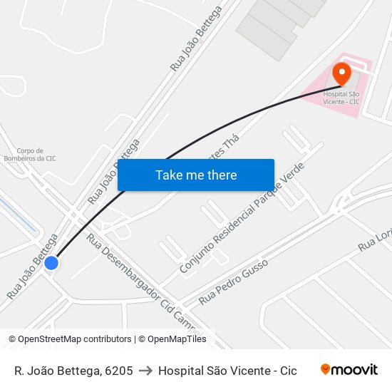 R. João Bettega, 6205 to Hospital São Vicente - Cic map