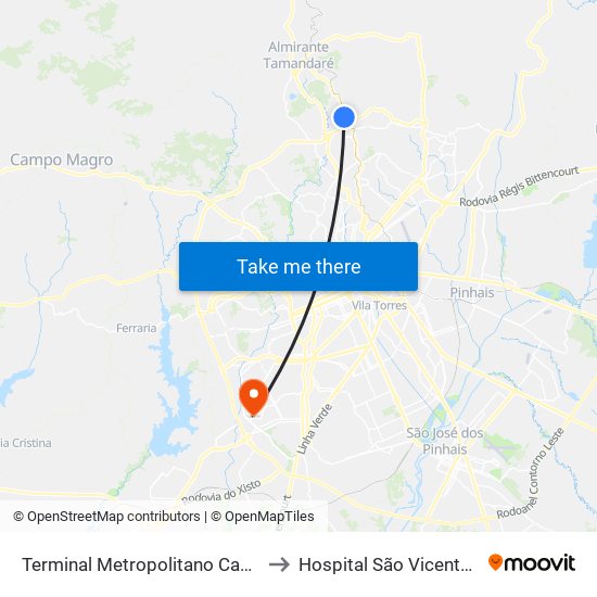 Terminal Metropolitano Cachoeira to Hospital São Vicente - Cic map