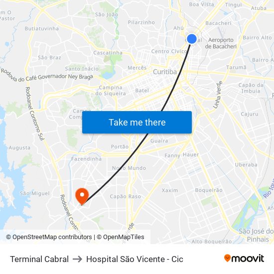 Terminal Cabral to Hospital São Vicente - Cic map