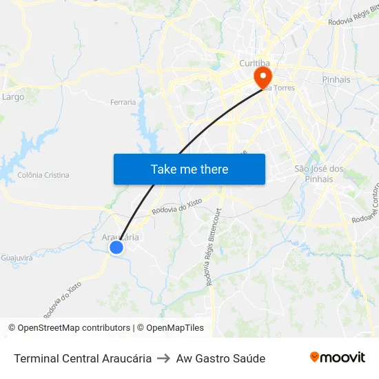 Terminal Metropolitano Central de Araucária to Aw Gastro Saúde map