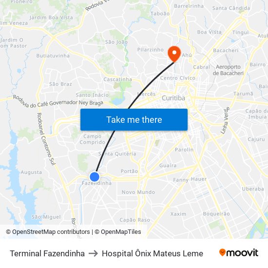 Terminal Fazendinha to Hospital Ônix Mateus Leme map