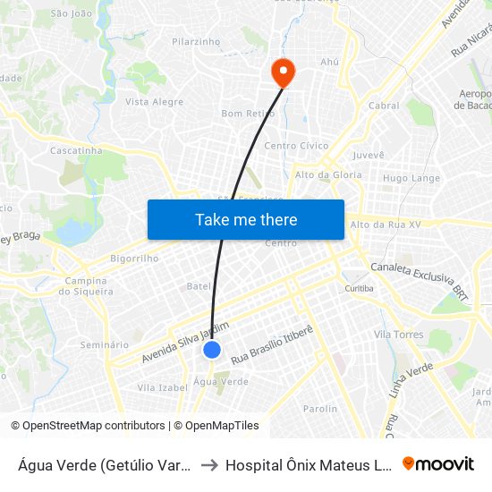 Água Verde (Getúlio Vargas) to Hospital Ônix Mateus Leme map