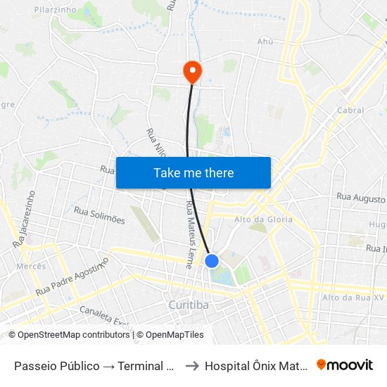 Passeio Público → Terminal Santa Cândida to Hospital Ônix Mateus Leme map