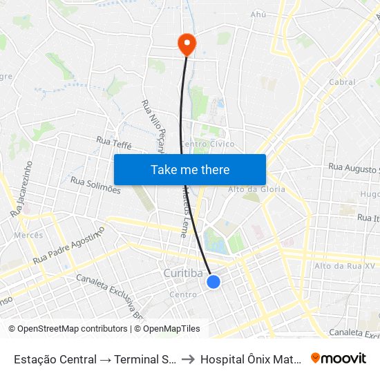 Estação Central → Terminal Santa Cândida to Hospital Ônix Mateus Leme map