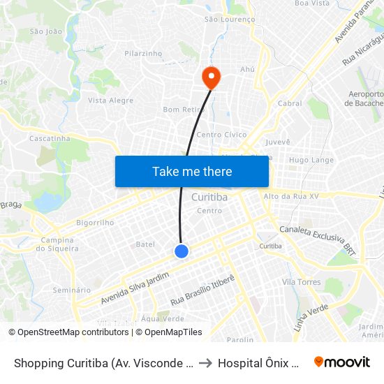 Shopping Curitiba (Av. Visconde De Guarapuava, 3850) to Hospital Ônix Mateus Leme map