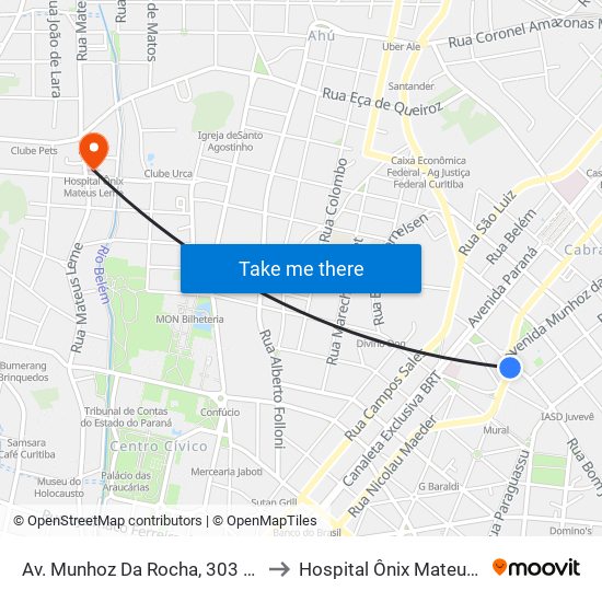 Av. Munhoz Da Rocha, 303 (Comec) to Hospital Ônix Mateus Leme map