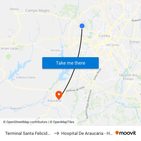 Terminal Santa Felicidade to Hospital De Araucária - Hma map
