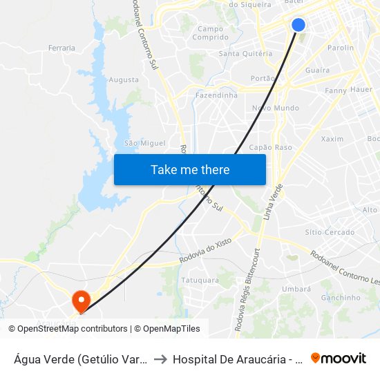 Água Verde (Getúlio Vargas) to Hospital De Araucária - Hma map