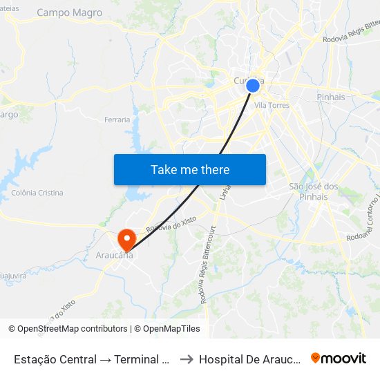 Estação Central → Terminal Santa Cândida to Hospital De Araucária - Hma map