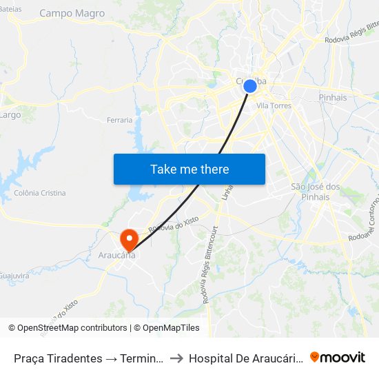 Praça Tiradentes → Terminal Pinhais to Hospital De Araucária - Hma map