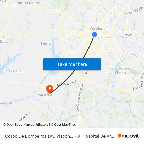 Corpo De Bombeiros (Av. Visconde De Guarapuava, 3571) to Hospital De Araucária - Hma map