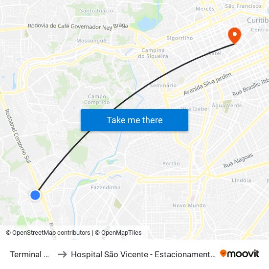 Terminal Caiuá to Hospital São Vicente - Estacionamento Médicos map