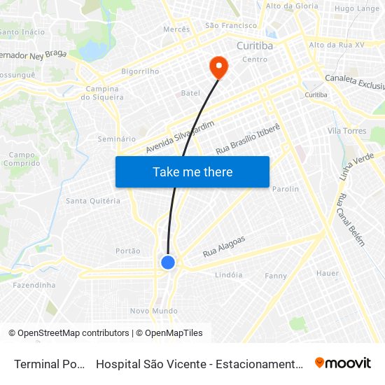 Terminal Portão to Hospital São Vicente - Estacionamento Médicos map