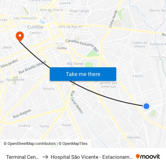 Terminal Centenário to Hospital São Vicente - Estacionamento Médicos map