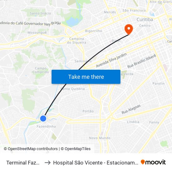 Terminal Fazendinha to Hospital São Vicente - Estacionamento Médicos map