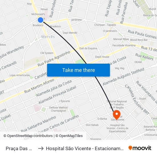 Praça Das Mercês to Hospital São Vicente - Estacionamento Médicos map