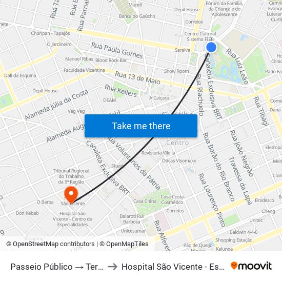Passeio Público → Terminal Santa Cândida to Hospital São Vicente - Estacionamento Médicos map