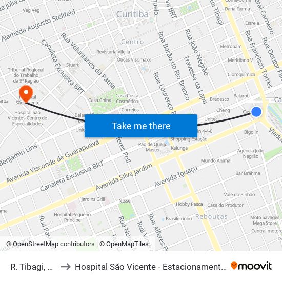 R. Tibagi, 1064 to Hospital São Vicente - Estacionamento Médicos map