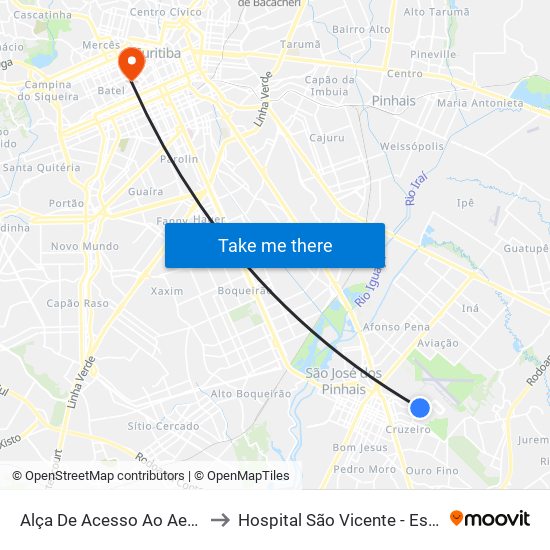 Alça De Acesso Ao Aeroporto Afonso Pena to Hospital São Vicente - Estacionamento Médicos map
