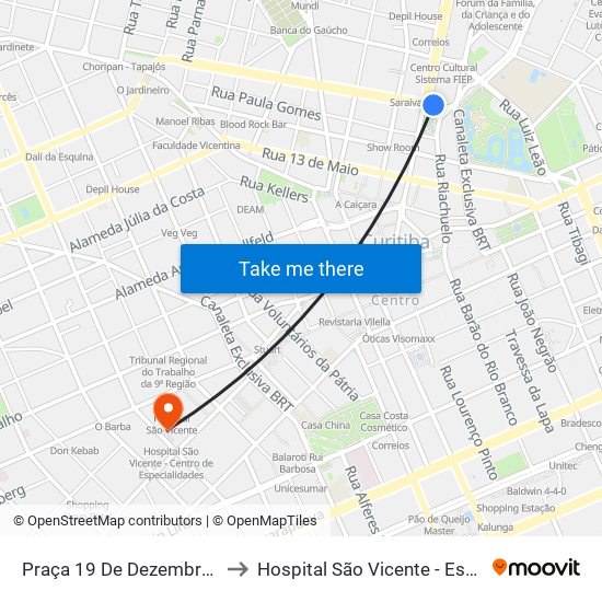 Praça 19 De Dezembro (R. Inácio Lustosa) to Hospital São Vicente - Estacionamento Médicos map