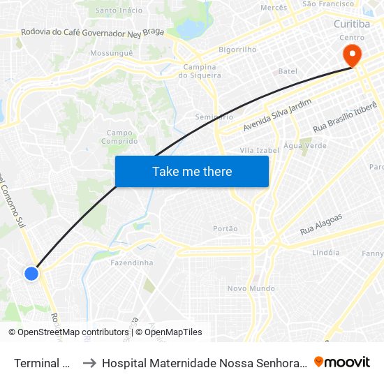 Terminal Caiuá to Hospital Maternidade Nossa Senhora De Fátima map