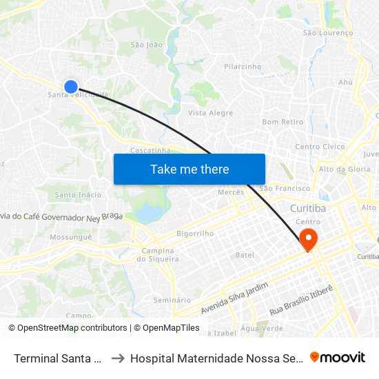 Terminal Santa Felicidade to Hospital Maternidade Nossa Senhora De Fátima map