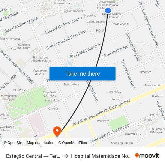 Estação Central → Terminal Santa Cândida to Hospital Maternidade Nossa Senhora De Fátima map