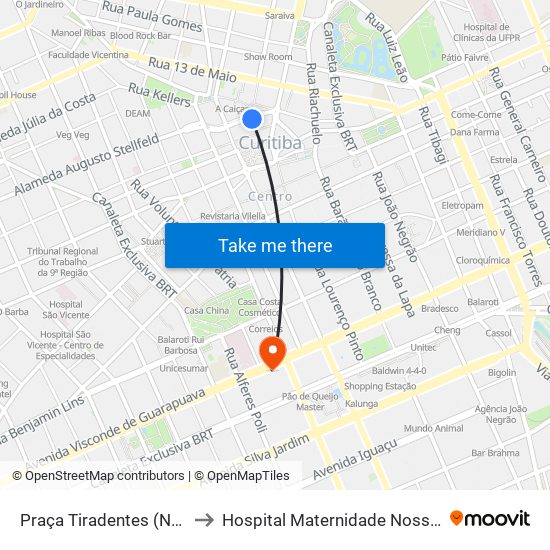 Praça Tiradentes (Nestor De Castro) to Hospital Maternidade Nossa Senhora De Fátima map