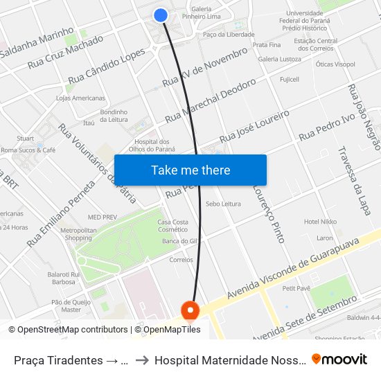 Praça Tiradentes → Terminal Pinhais to Hospital Maternidade Nossa Senhora De Fátima map