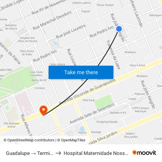 Guadalupe → Terminal Pinheirinho to Hospital Maternidade Nossa Senhora De Fátima map