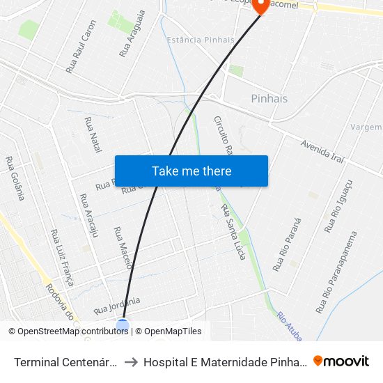 Terminal Centenário to Hospital E Maternidade Pinhais map