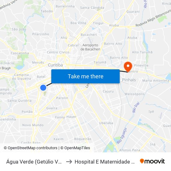 Água Verde (Getúlio Vargas) to Hospital E Maternidade Pinhais map