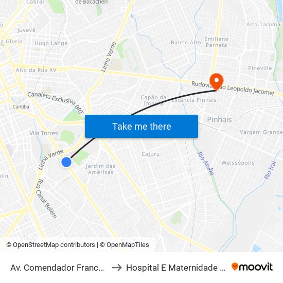 Av. Comendador Franco, 2484 to Hospital E Maternidade Pinhais map