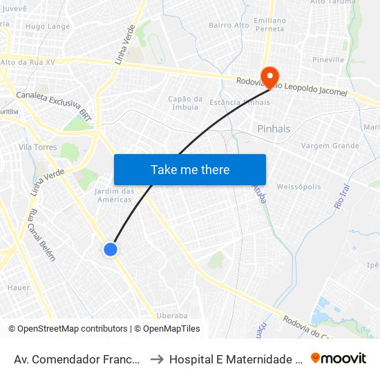 Av. Comendador Franco, 4485 to Hospital E Maternidade Pinhais map