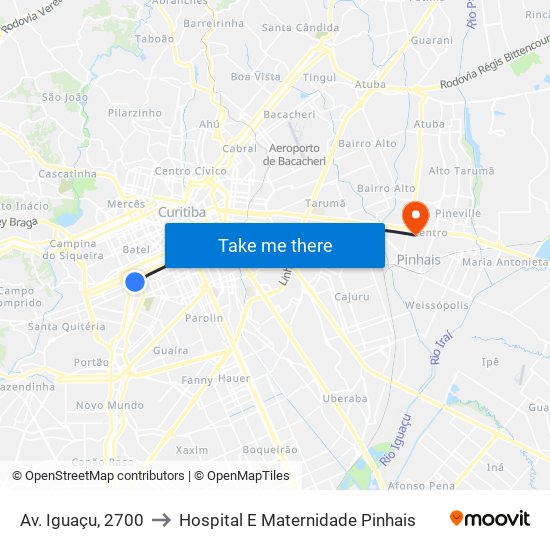 Av. Iguaçu, 2700 to Hospital E Maternidade Pinhais map