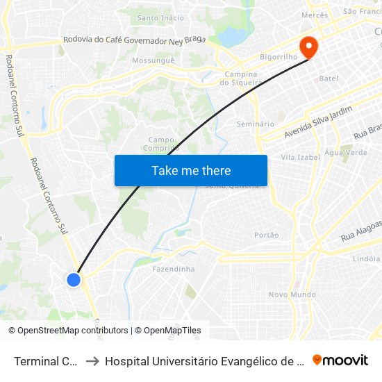 Terminal Caiuá to Hospital Universitário Evangélico de Curitiba map
