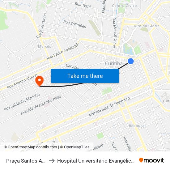 Praça Santos Andrade to Hospital Universitário Evangélico de Curitiba map