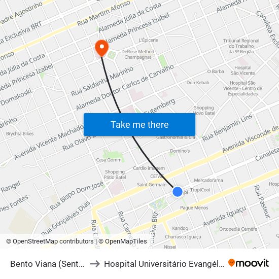 Bento Viana (Sentido Norte) to Hospital Universitário Evangélico de Curitiba map