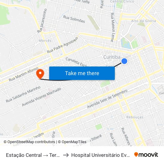 Estação Central → Terminal Capão Raso to Hospital Universitário Evangélico de Curitiba map