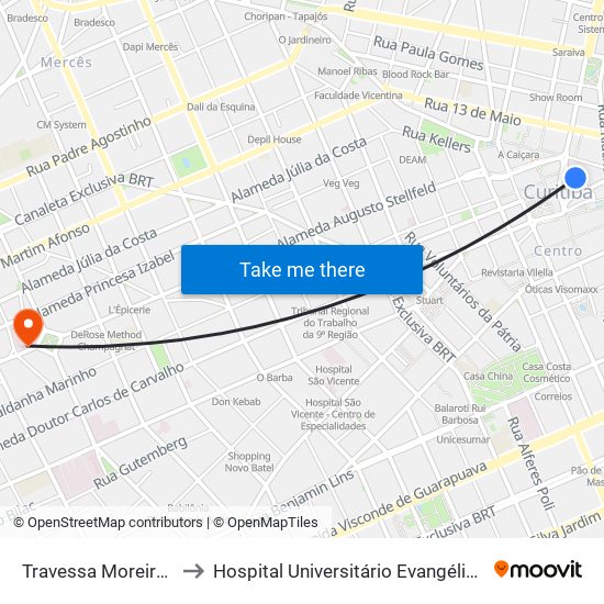 Travessa Moreira Garcez to Hospital Universitário Evangélico de Curitiba map