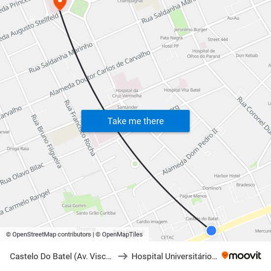 Castelo Do Batel (Av. Visconde De Guarapuava, 4610) to Hospital Universitário Evangélico de Curitiba map