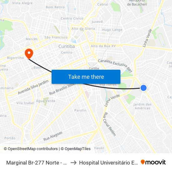 Marginal Br-277 Norte - Churrascaria Marumbi to Hospital Universitário Evangélico de Curitiba map