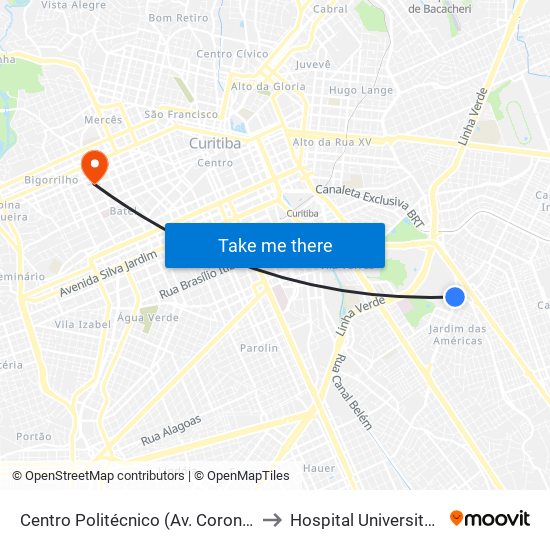 Centro Politécnico (Av. Coronel Francisco Heráclito Dos Santos, 400) to Hospital Universitário Evangélico de Curitiba map